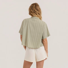 Bless Up Cropped Button Up Shirt - Sage Stripe